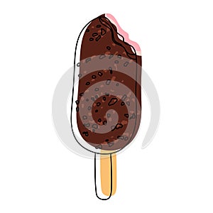 Doodle colorful illustration of strawberry ice cream with chocolate isolated on white background. Cartoon vector illustration