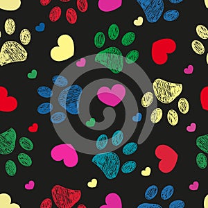 Doodle colorful paw prints with hearts seamless fabric design pattern vector