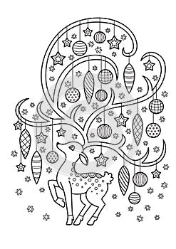 Doodle coloring book page for adult. Deer with christmas decoration