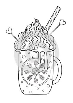 Doodle coloring book page christmas mug with hot chocolate and whipped cream.