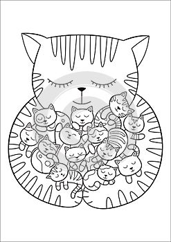 Doodle coloring book page cute kittens sleeping