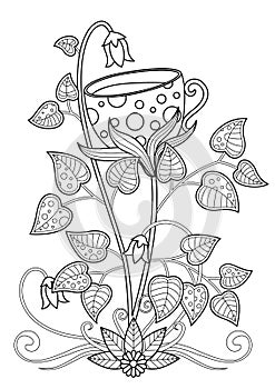 Doodle coloring book page flower cup of tea. Antistress for adult. Zentangle black and white illustration