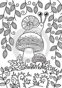 Doodle coloring book page snail on mushroom. Antistress for adult