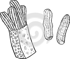 Doodle coloring page for adults with churros. Ink art with spanish food. Vector illustration photo