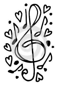 Doodle composition with treble key and notes.Abstract musical picture. Vector illustration.Mensural musical notation.Black notes photo