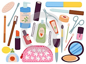 Doodle cosmetics. Salon cosmetic, facial brushes and manicure equipment. Various skin care products, lipstick and lotion