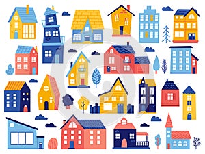 Doodle cottages. Cute tiny town houses, minimal suburban houses, residential town buildings isolated vector illustration