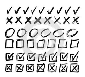 Doodle Cross And Check Marks, Square Boxes And Circle Frames Manuscript Writing Elements. Vector X and V Symbols photo