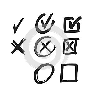 Doodle Cross and Check Marks. X Symbol Indicating Incorrect Or Negative, While A Check Mark V Symbol Indicating Correct photo