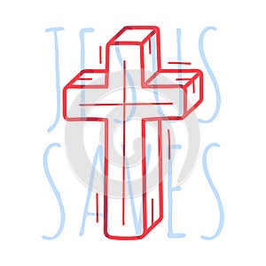 Doodle cross. Religion Christian poster hand drawn icon with text Jesus saves on white background