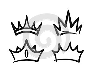 Doodle Crown Collection. Playful, Quirky Hand-drawn Diadems Or Tiaras. Monochrome Vector Elements For Creative Projects