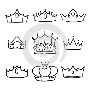 Doodle crown princess collection. Simple crowning, elegant queen or king crowns hand drawn.