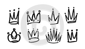 Doodle Crowns Collection, Amusing Hand-drawn Diadems, Tiaras, And Regal Headwear In Monochrome Vector Style