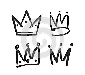 Doodle Crowns Collection, Playful, Quirky Hand-drawn Diadems, And Royal Headwear. Monochrome Vector Graphics Icons