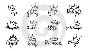 Doodle crowns lettering. Crown with text elements, sketch, majestic tiara logo vector set. Calligraphy pack with symbol