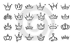 Doodle crowns. Line art king or queen crown sketch, fellow crowned heads tiara, beautiful diadem and luxurious decals