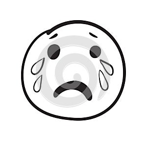 Doodle crying emoji. Sad feelings, cry contour vector illustration