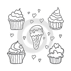 Doodle cupcakes collection. Hand drawn icons isolated on white background