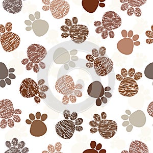 Doodle cute brown paw prints seamless pattern