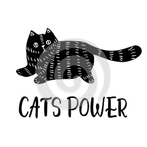 Doodle Cute Cat Greeting Card Design Template. Hand Drawn Animal Personage T-shirt Design. Funny Cat Emotion