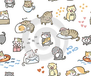 Doodle cute little cat vector seamless pattern