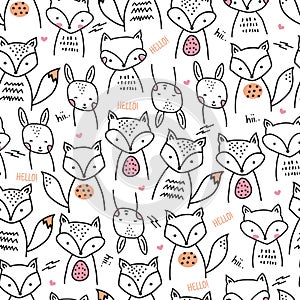 Doodle cute foxs seamless pattern