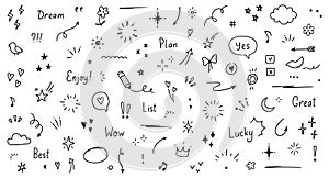Doodle cute glitter pen line elements. Doodle heart, arrow, star, sparkle decoration symbol set icon. Simple sketch line