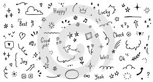 Doodle cute glitter pen line elements. Doodle heart, arrow, star, sparkle decoration symbol set icon. Simple sketch line
