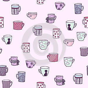 Doodle Cute Hand Drawn Seamless Background with Ornamental Teacups.