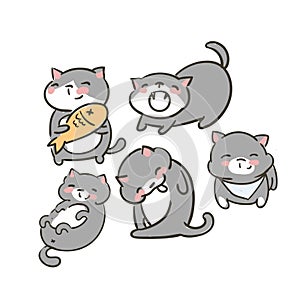 Doodle cute little cat vector set grey food yawn lick lay smile