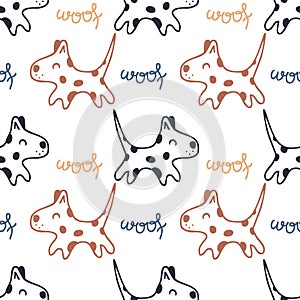 Doodle cute running spotted puppies with text woof seamless pattern. Animal cartoon vector character print. Perfect for tee, paper