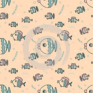 Doodle cute sea fishes seamless pattern. Perfect print for tee, textile, paper and fabric. Hand drawn illustration for decor and