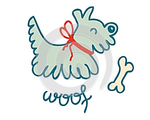 Doodle cute shaggy puppy with bow ribbon and text woof. Animal cartoon vector character. Perfect print for tee, poster, card,