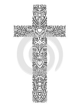 Doodle decor cross wirh hearts and words sin, Jesus, love