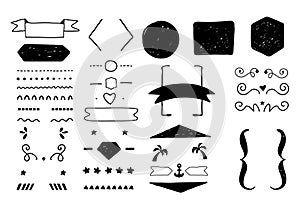 Doodle decoration set for quote creation, rough ornament collection, borders, frames dividers with labels, backgrounds