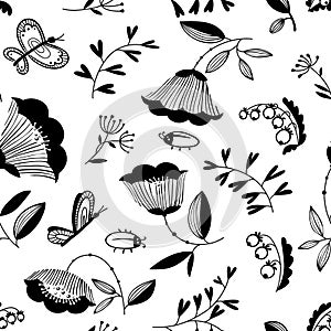 Doodle decorative seamless background with flowers, bugs