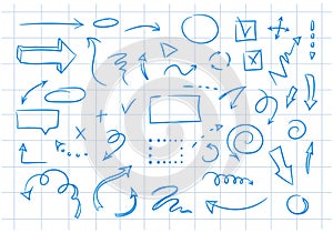 Doodle design elements and arrows on the background of a checkered notebook sheet. Elements for infographics. Hand-drawn vector