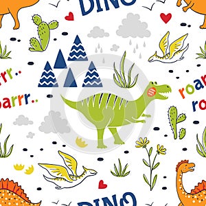 Doodle dinosaur pattern. Seamless fabric print, trendy hand drawn textile design, cute childish dragons. Vector