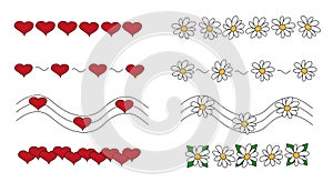 Doodle divider with heart and chamomile. Dividers set love hearts and flowers for notebooks, diary, banners