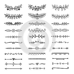 Doodle dividers. Hand drawn line borders and laurels, ornamental decorative frame, nature floral arrow sketch. Vector
