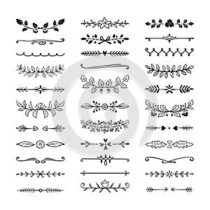 Doodle dividers. Hand drawn line borders, wedding decoration elements, nature floral laurel. Vector divider pencil