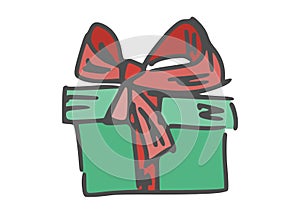 doodle drawing gift green with red ribbon. sketch