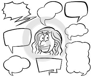 Doodle drawing of girl and speech bubbles on white background