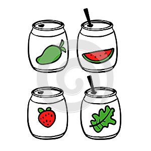 Doodle drawing illustration Various tasty Sodas. Hand drawn Vector set of soft Drinks in aluminum Cans. Carbonated water with