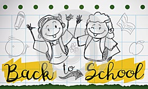 Doodle Drawings with Happy Kids Celebrating Back to School Season, Vector Illustration