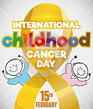 Doodle Drawn over Golden Ribbon for International Childhood Cancer Day, Vector Illustration