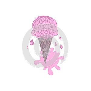 Doodle dripping ice cream strawberry cone with drops and puddle. Perfect print for T-shirt, stickers, poster. Hand drawn isolated