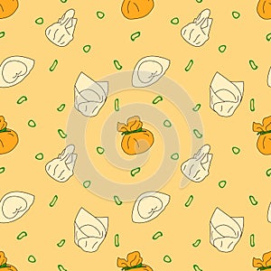 Doodle dumpling or wonton pattern background.