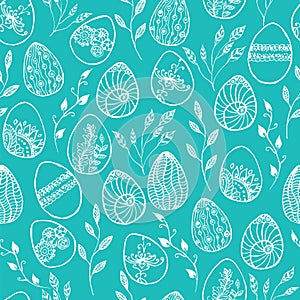 Doodle Easter seamless pattern on the blue background