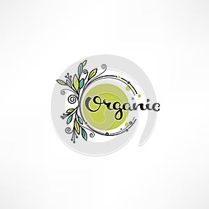 doodle eco, bio, nature and organic leaves and plants emblem, element, frame and logo with handdrawn lettering